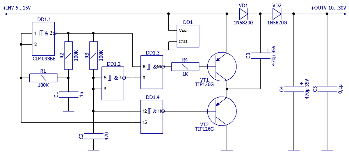 Схема электрическая принципиальная умножителя напряжения с нагрузочным током до 500 мА