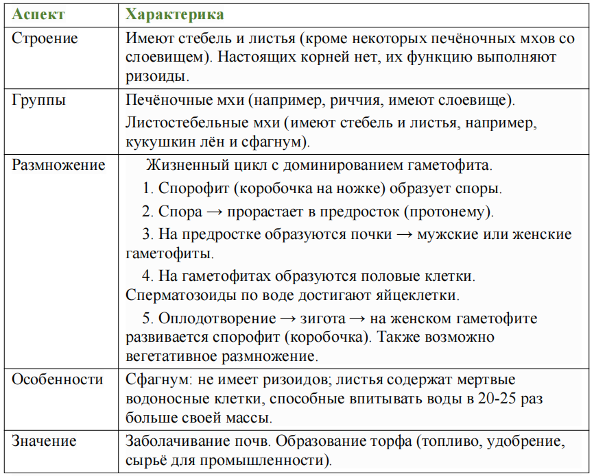 Таблица: Отдел моховидные