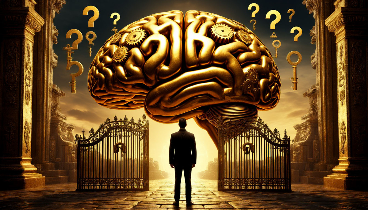 Сюрреалистичная иллюзия: человек стоит перед вратами сокровищницы в виде гигантского мозга из золотых шестеренок. Вместо ключей — вопросительные знаки, вонзающиеся в замочные скважины, а ответы проявляются как мерцающие символы в архитектуре подсознания. 
