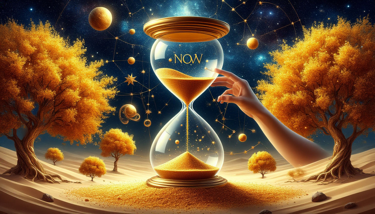 Врата вечного "Сейчас" в виде песочных часов, где вместо песка течет сияющая жидкость изобилия. Рука человека, касаясь стекла, останавливает время, превращая механизм в портал из золотых созвездий и плодоносящих деревьев.