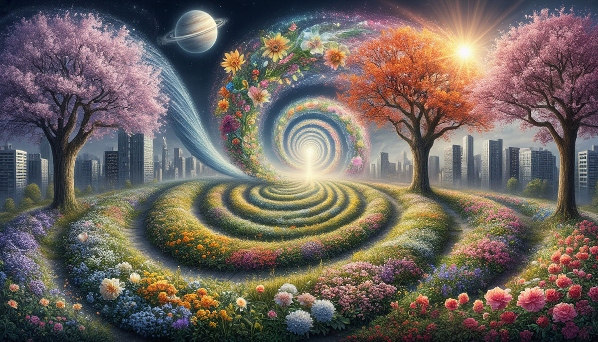 Спираль трансформации: из сердца человека исходят волны благодарности, превращая серый город в цветущий сад. Каждый луч света, исходящий из ладоней, создает новые миры, где деревья прорастают сквозь бетон, а реки света меняют законы физики.