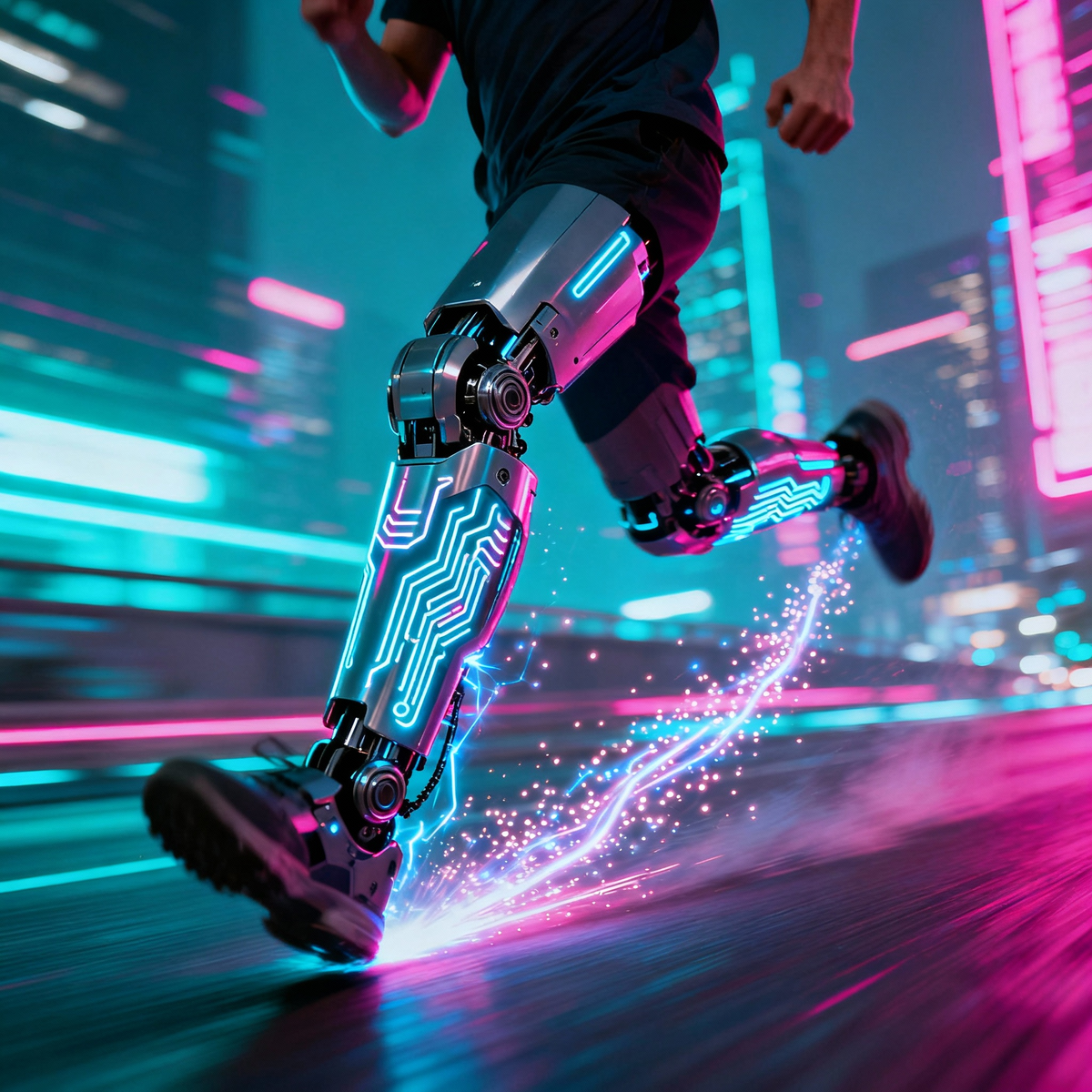 Бегун использует роботизированную систему улучшения ног в киберпанковском сеттинге