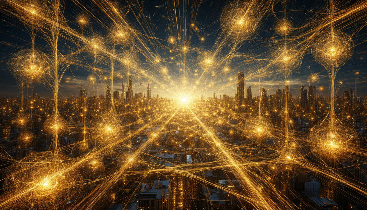 Сеть коллективного сознания в виде нейросети из золотых нитей, соединяющей миллионы светящихся точек-мыслей. В узлах этой паутины рождаются города, законы физики и даже растения, сотканные из общего намерения. 