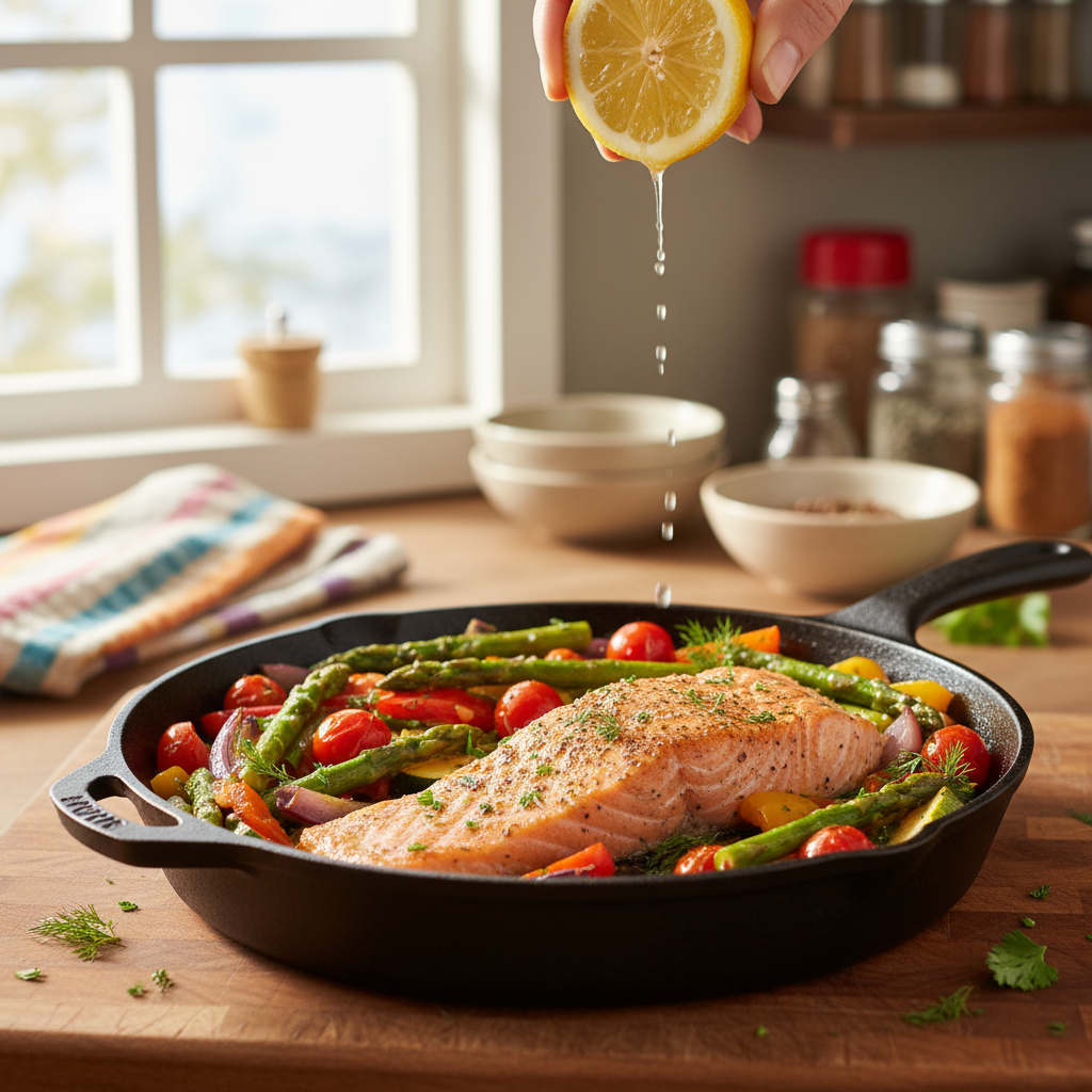 Лосось с овощами на сковороде!