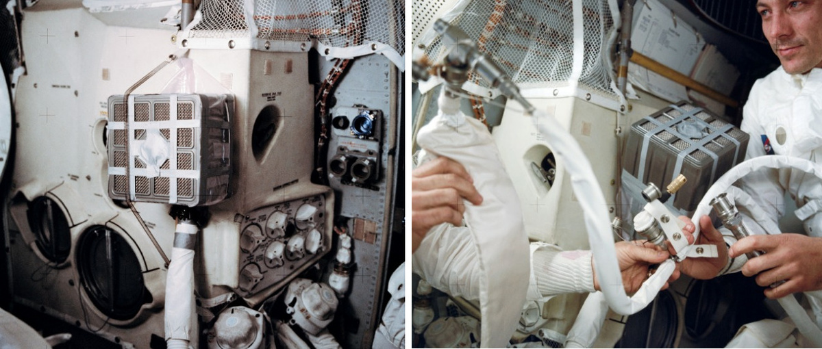 Кассеты с поглотителем СО2 в Аполлон-13 после аварии на корабле