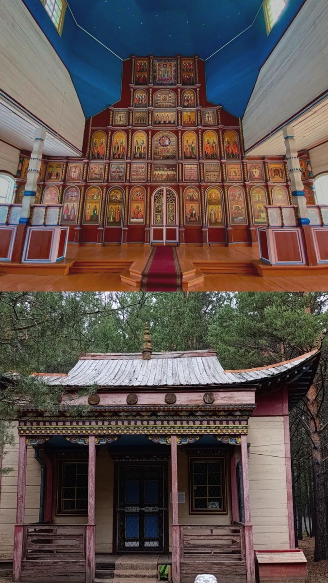 Верхнее фото: Церковь Николая Чудотворца из села Никольск, Бурятия. Нижнее фото: Дуган «Деважин» из Тамчинского дацана. Автор: Донская Анна