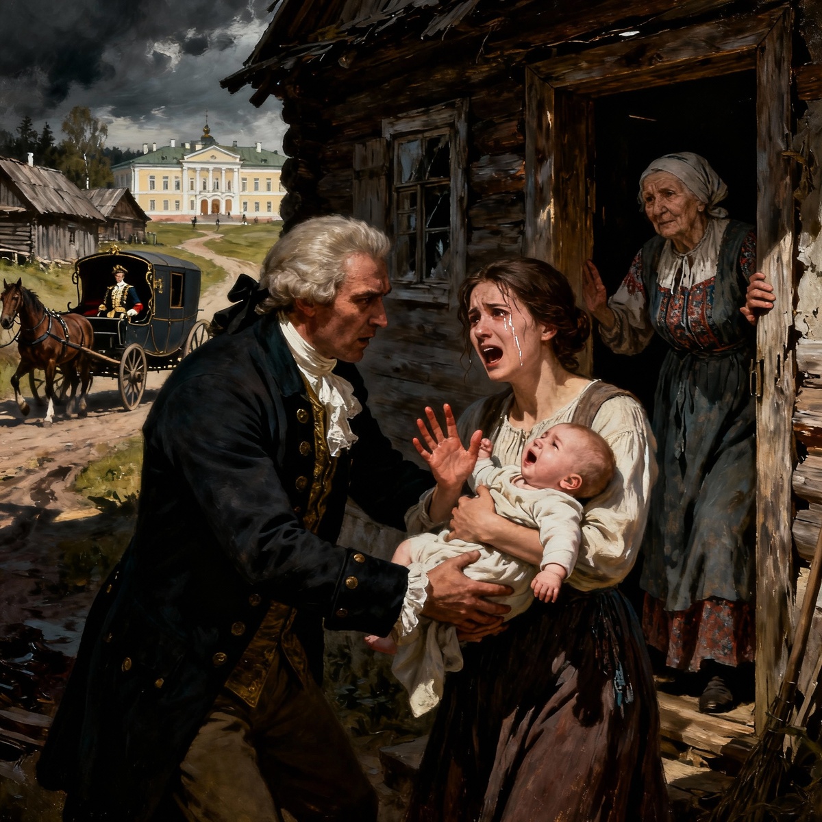 Управляющий отнимает младенца у крестьянки для барской кормилицы, XVIII век