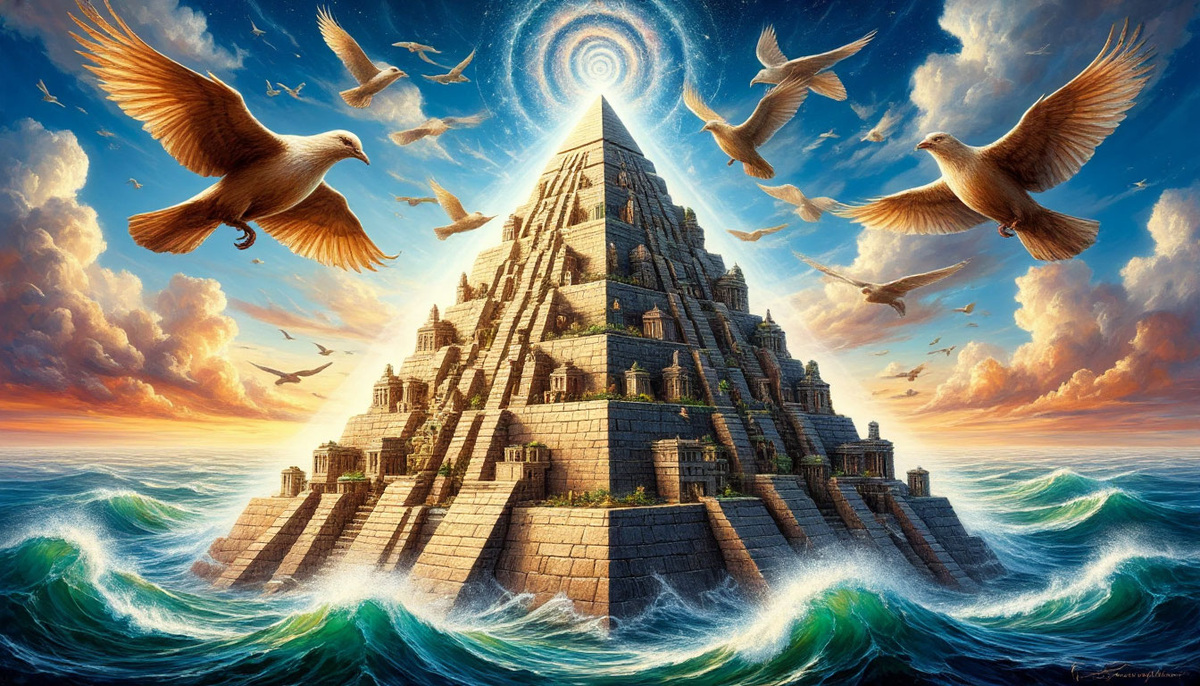 Трехуровневая пирамида сознания: в основании — интуитивные волны, посередине — геометрические структуры логики, на вершине — спираль творения, где мысль материализуется в летящих птиц и города.