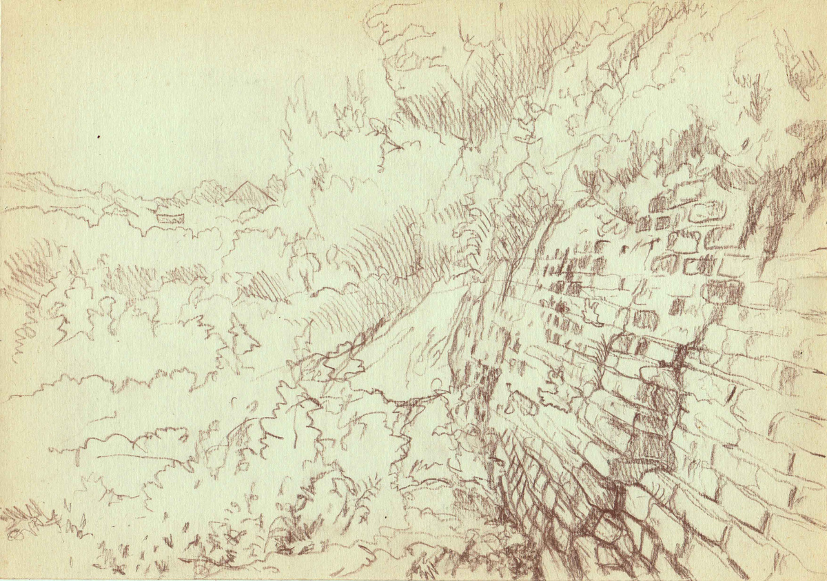 Пресняков М. А. Стена старой плотины на р. Барнаулке. 2017г. бум., сепия., 20,9х29,7