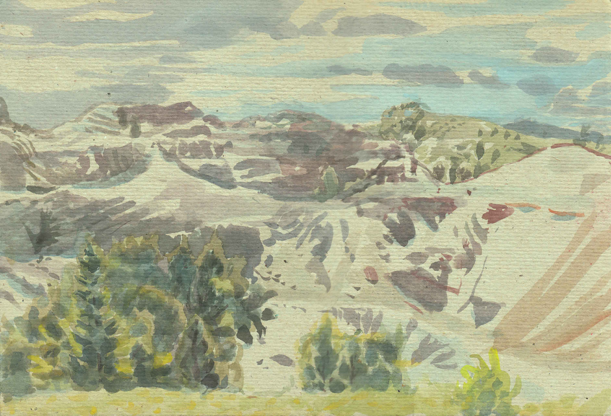 Пресняков М. А. Змеиногорск. Карьер на месте рудной г. Змеиной. 2017г. тон. картон, акв., бел., 21,7х31,9