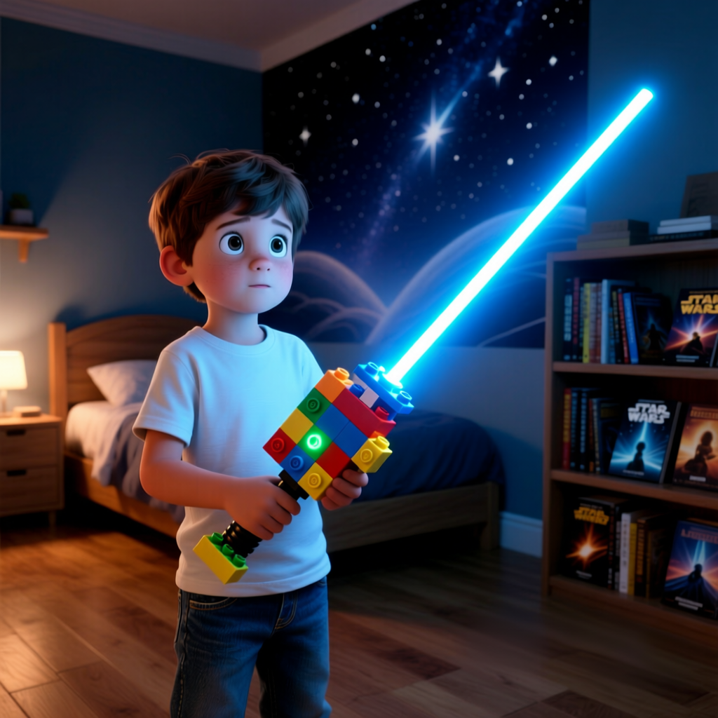 Ребенок в своей комнате с игрушечным световым мечом джедаев