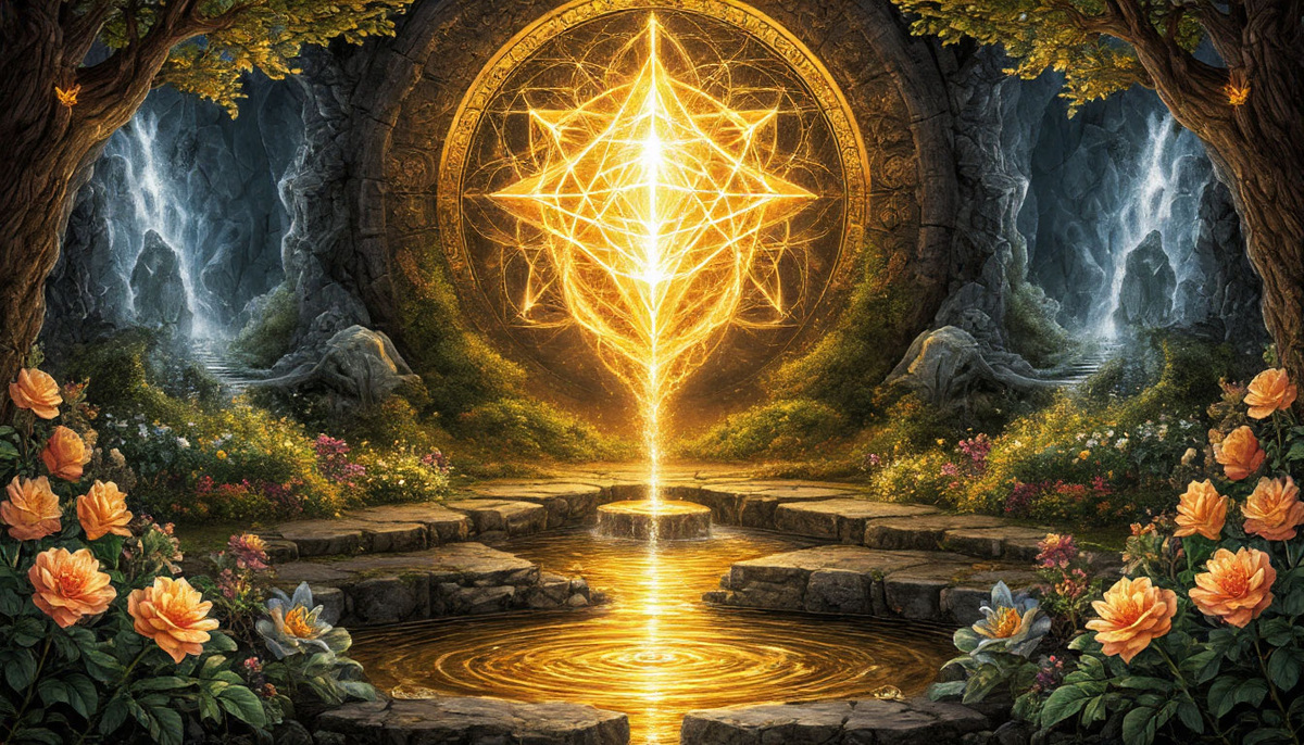 Алхимический процесс: из сияющего кристалла сознания в сердце человека рождается золотой поток, преобразующий серую реальность в цветущий сад изобилия.