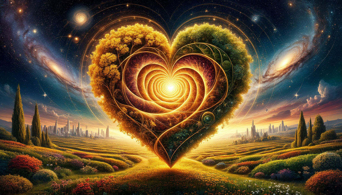 Сердце-источник с исходящими золотыми спиралями Фибоначчи, превращающимися в сады, города и галактики — визуальная формула вечного самовозобновления. 