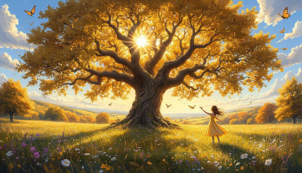 Осенний луг, заповедный дуб. Изображение от ИИ Шедеврум