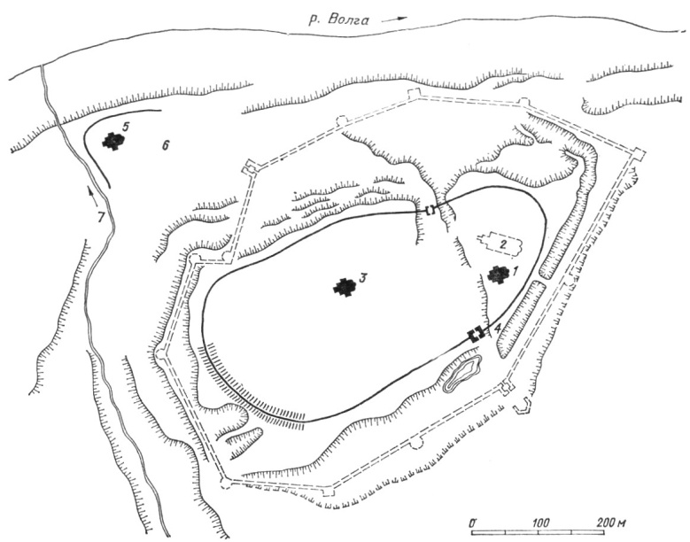 Предположительный план нижегородской деревянной крепости в XIII—XIV веках, до замены её на каменный кремль, первое строительство которого началось в 1374 году