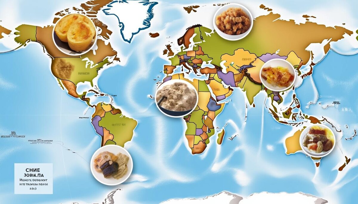 Карта мира с отметками «синих зон» и фотографиями типичных блюд каждого региона