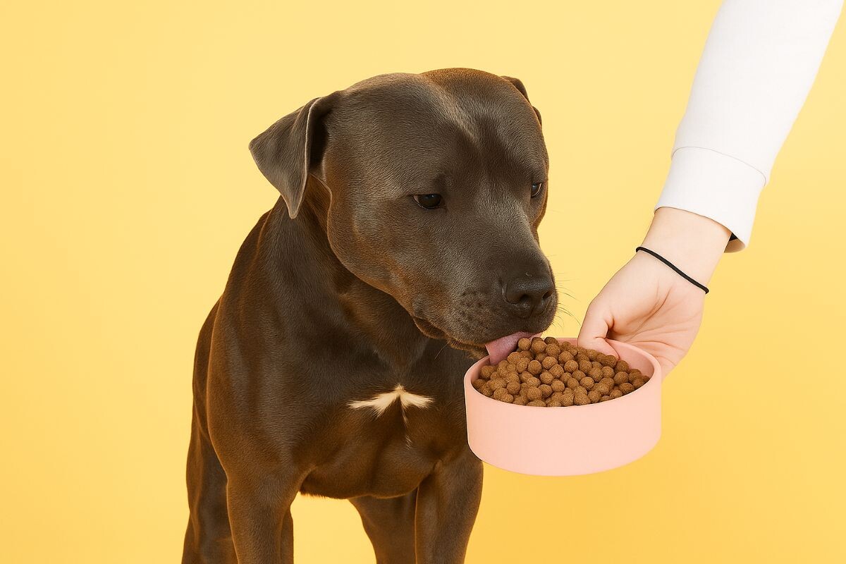 Собака ест корм 