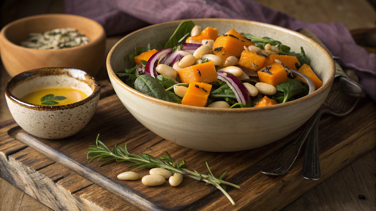 Фото: Тёплый салат с тыквой, фасолью и чесночной заправкой