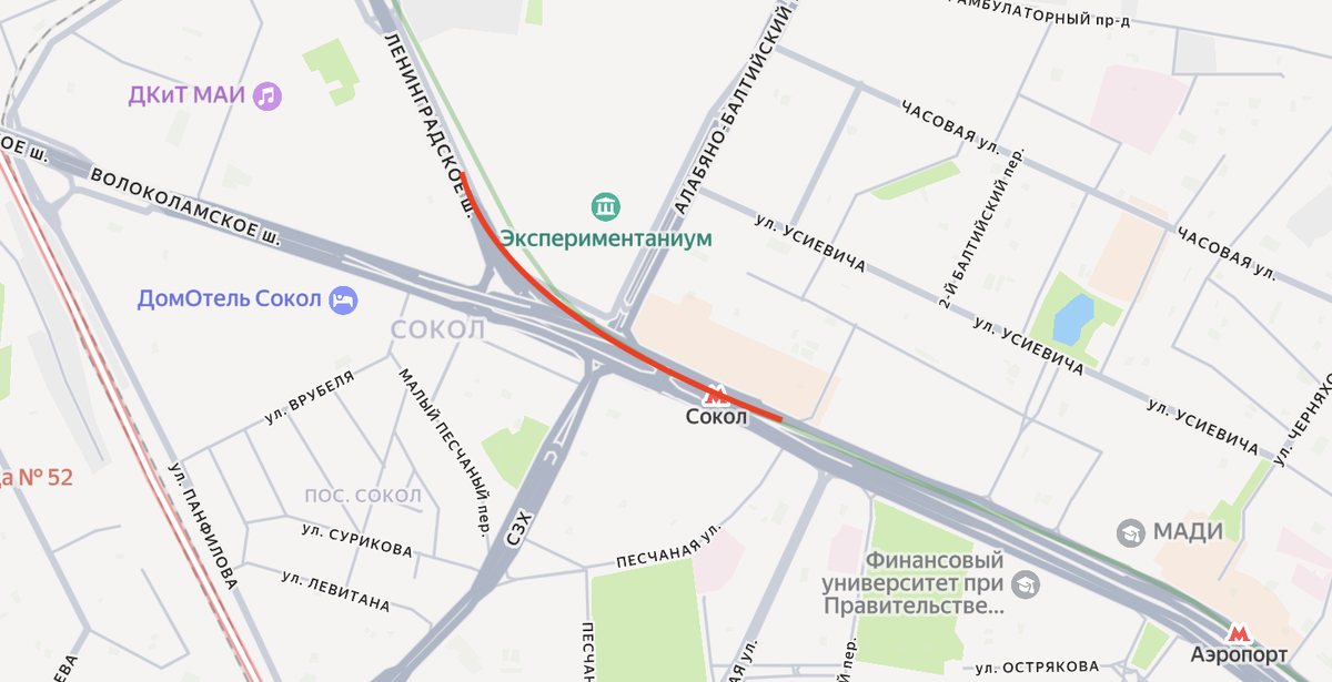 Тоннель (красная линия) на современной карте Москвы. В интернете его часто называют Ленинградским. Яндекс.Карты.