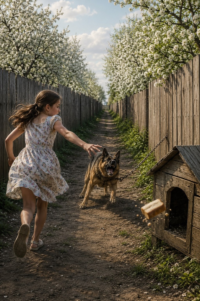 Картинка сделана с помощью ИИ.  Похожа на мою ситуацию с Индусом. Цепь у него конечно была подлинее. И будка стояла внутри одного сада. 