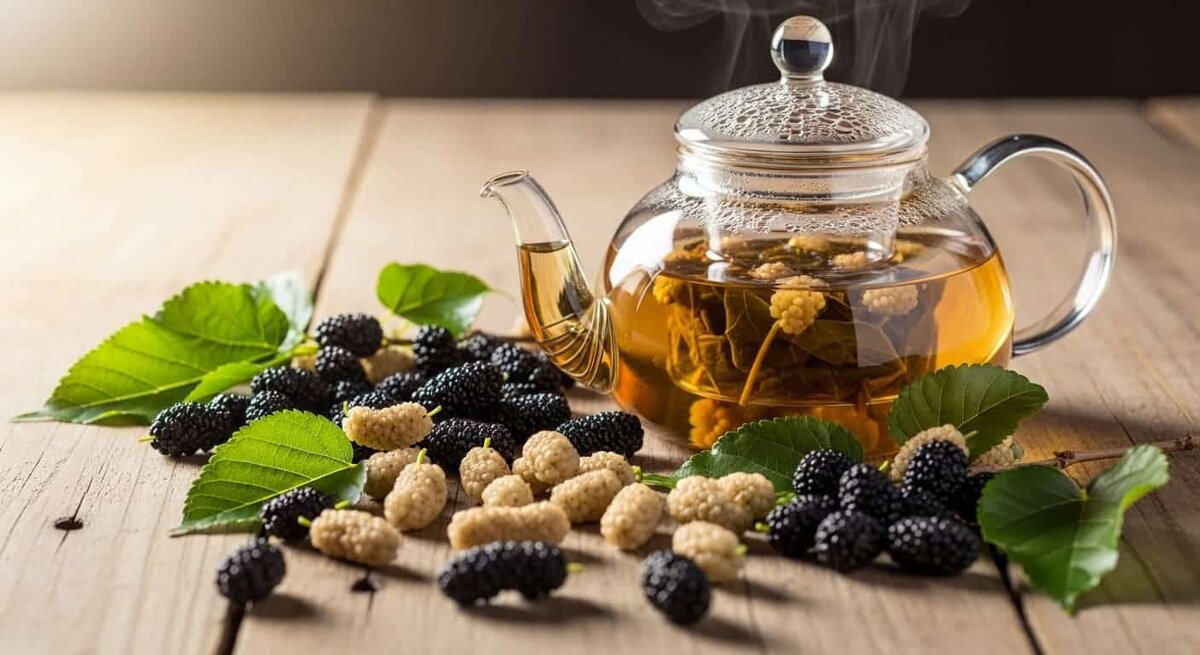 Чай из листьев и ягод шелковицы в стеклянном чайнике