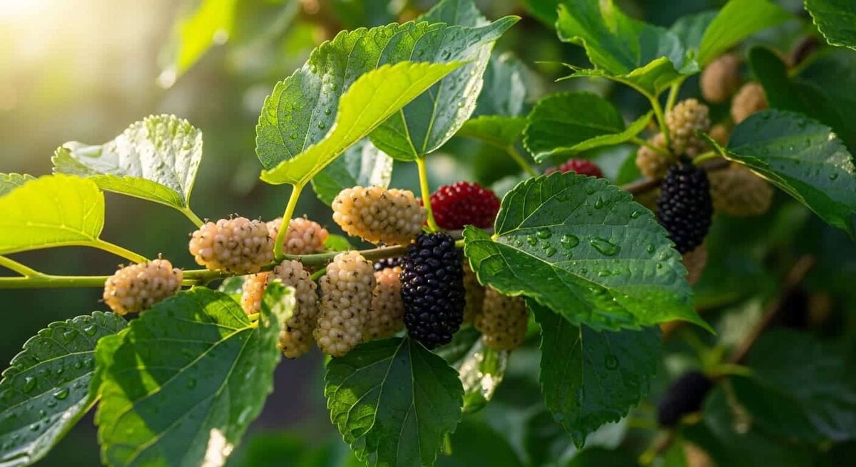 Дерево шелковицы с листьями и ягодами