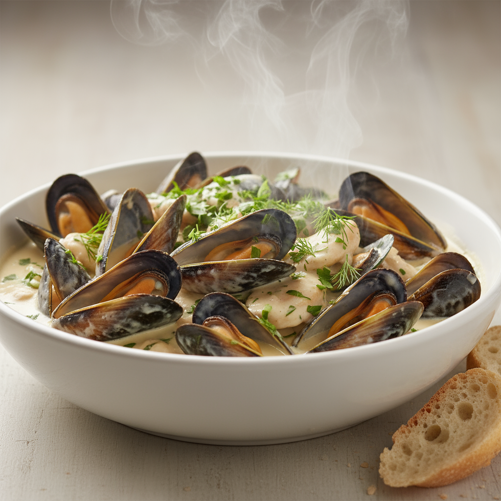 Гиперреалистичная подача: мидии в сливочном соусе с зеленью. Премиальная фуд-фотография для Дзена.