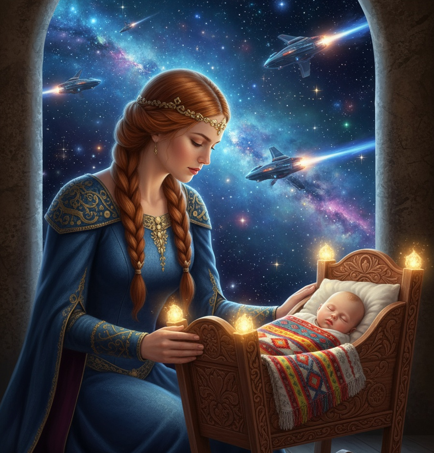 Иллюстрация создана автором. Девушка с ребенком в люльке.