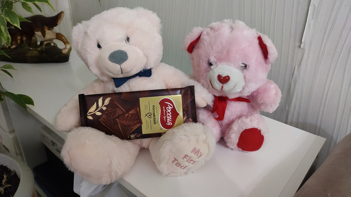 Кто помнит Мишку и Машку? Они меня тоже встречали. Сестра вложила в их лапки шоколадку