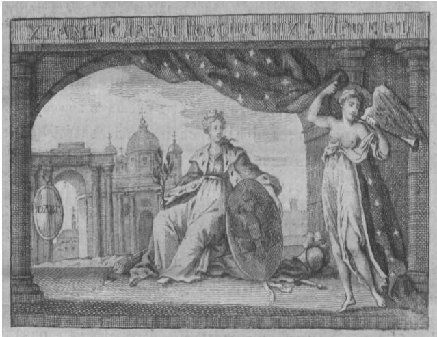 Храм богини Славы. Богиня Матерь Слава изображена со щитом Олега Вещего. Гравюра 18 века