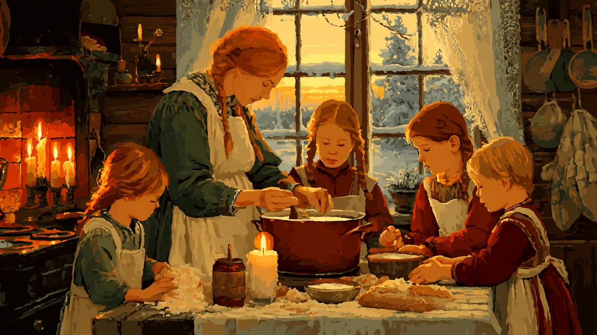 Латвийская семья готовит маизес супа после праздников