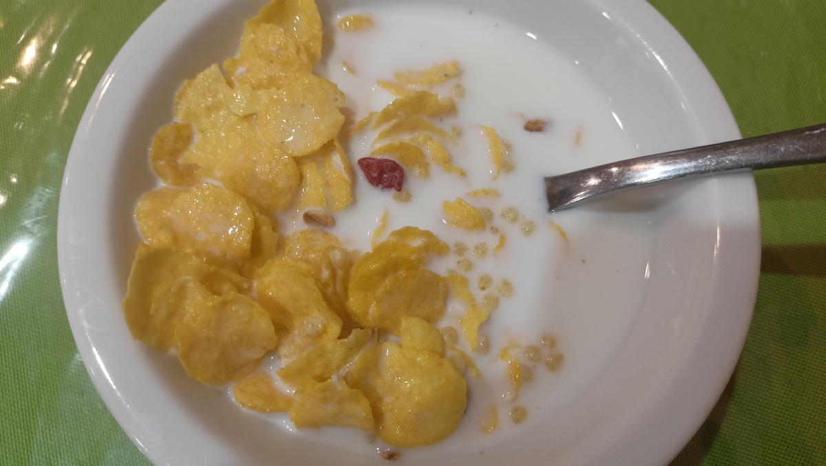 Кукурузные хлопья и мюсли с молоком. 