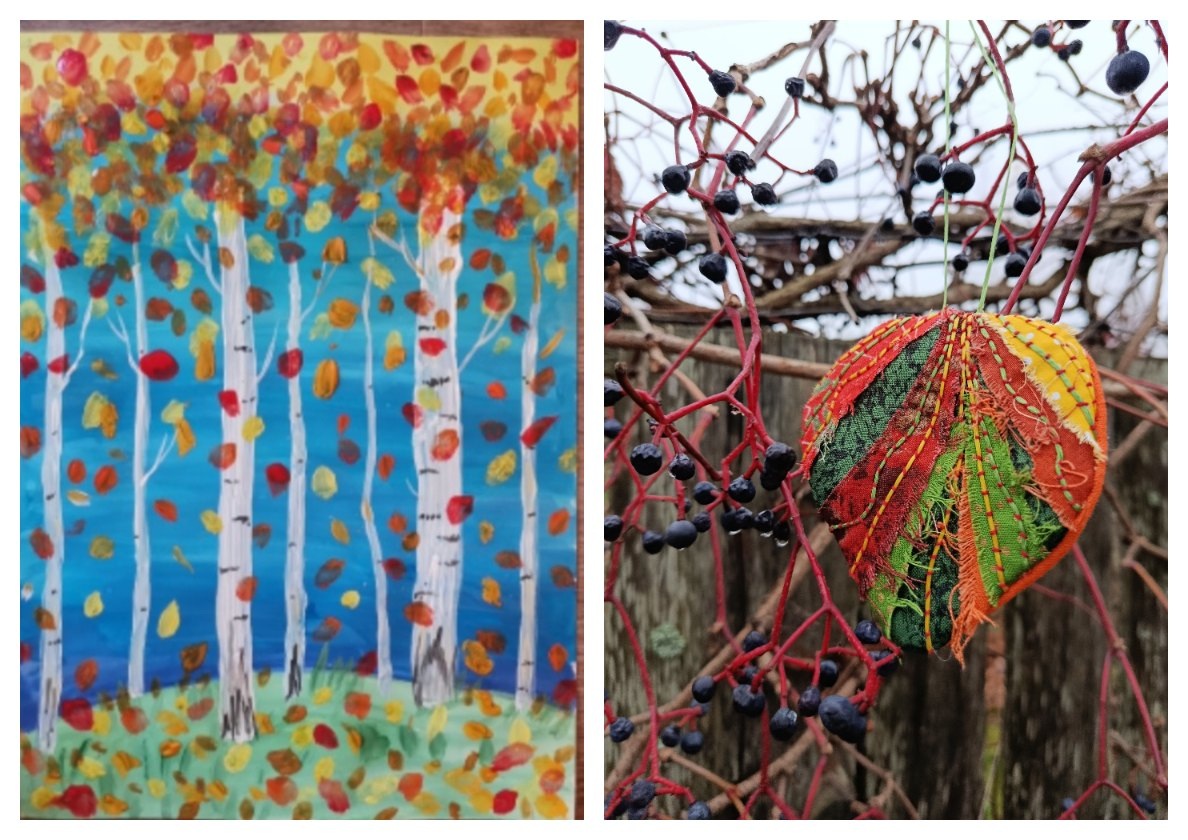 Коллаж: детский рисунок-вдохновение и фото моего готового листочка-саше