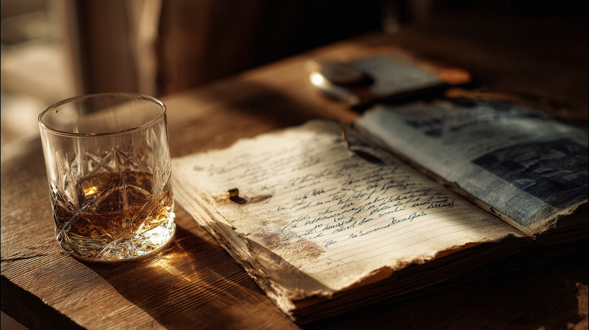 «Атмосферное фото деревянного стола с бокалом виски и старинной тетрадью, освещённых мягким солнечным светом. Эстетика уюта, творчества и ретро-настроения. Идеально для блога о вдохновении, писательстве, уютных моментах и slow living.»