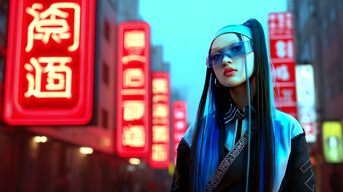 «Молодая женщина в очках с синими волосами стоит на фоне ярких неоновых китайских вывесок в вечернем городе. Атмосфера современного Китая и вдохновения для изучения китайского языка. Иллюстрация к статье о том, как вернуть мотивацию к китайскому языку с помощью метода “3 минут”.»