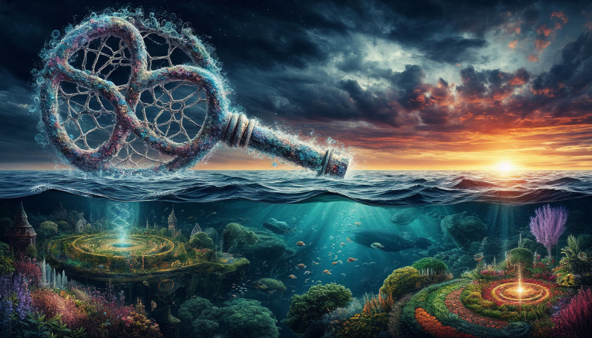 Ключ-ДНК, погруженный в океан сознания: при его повороте тёмные воды превращаются в сияющие города и сады изобилия, раскрывая связь между глубинами души и внешним процветанием.