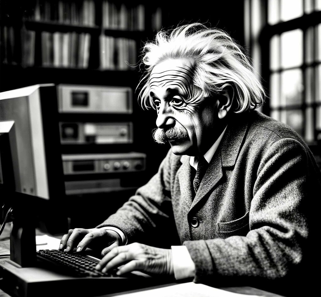 Альберт Эйнштейн за компьютером.