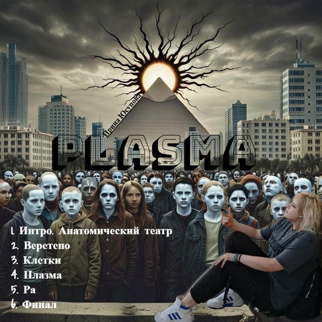 АЛЬБОМ НА ВСЕХ ПЛОЩАДКАХ. 
"Plasma" 2025 : 
фееричная хип-хоп поэзия Ирины  Юсуповой. 
Альбом "Plasma " рвет шаблоны и головы с самого первого открывающего интро.

Описание : 
1. Интро. Об артисте и об анатомическом театре души. 

2. Веретено. Человек , который выбирает пустоту вместо самовыражения, ведь все уже изобретено. 

3. Клетки.
Об обществе потребления ,как чувств, так и текстов, так и других людей. 
Почему это происходит? 
"Прекрати ковыряться в одноклеточных ,там,где ты ждешь пике и бочку , летают прямо, приземляясь ровно в девять." 
Общество, ожидания, концепт, стереотипность, скука, деградация. 

4. Plasma. 
На солнце происходят вспышки протуберанцев, которые сжигают "чужих". Однако каждого "чужого" можно забрать из толпы, сделать его "своим" и смыть известь с его лица. Однако у многих ангелов из этой толпы крылья обрезаны обществом. Благодаря вере в успех и добро, перья с каждым шагом в толпе отрастают заново, обретая возможность взлететь и покинуть толпу, а также забрать кого-то с собой.

5. Ра.
"Ты служишь моему восходу" 🫡😉 пожалуй , это все ,что нужно знать. А так, конечно же, боги древнего Египта. Главным героем выступает бог Солнца "Ра".

6. Финал. 
Закрывающий финальный трек на альбоме. О возможности истинного прощания, о вере в чудо, которое дарит каждый день.

Музыка ,текст : Ирина Юсупова 
Сведение ,мастеринг: t.me/evelictx