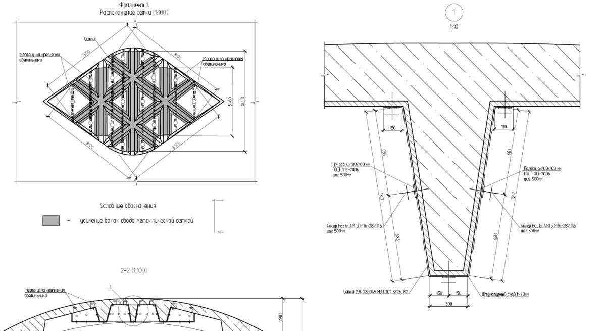 📷 1.2: Фрагмент проектного чертежа: схема укладки защитной сетки и узлы крепления.