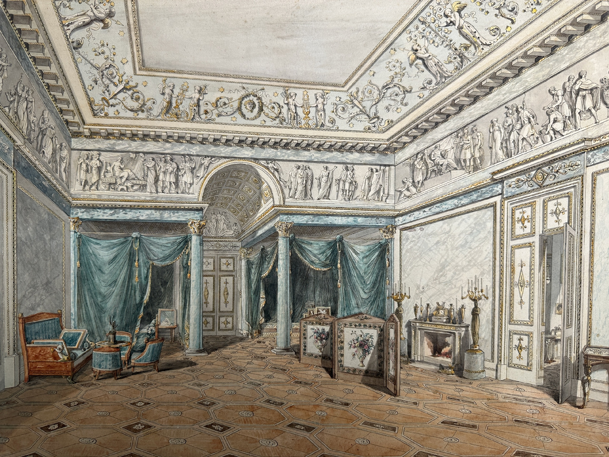 Опочивальня императрицы Елизаветы Алексеевны в Зимнем дворце. Размер картины: 31,2 x 41,5 см; паспарту: 43,8 x 52,7 см. Генеральный архив г. Карлсруэ, Германия.