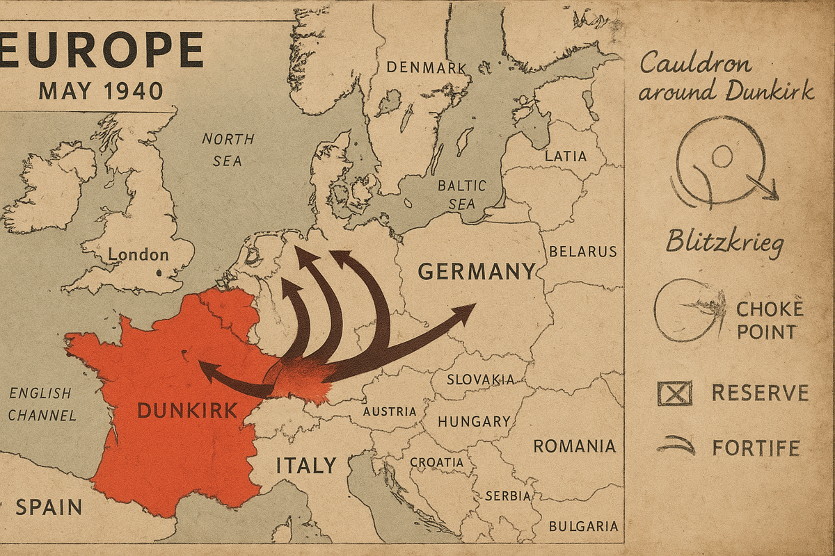 Высокодетализированная стратегическая карта Европы в мае 1940 года, стиль винтажного военного документа.