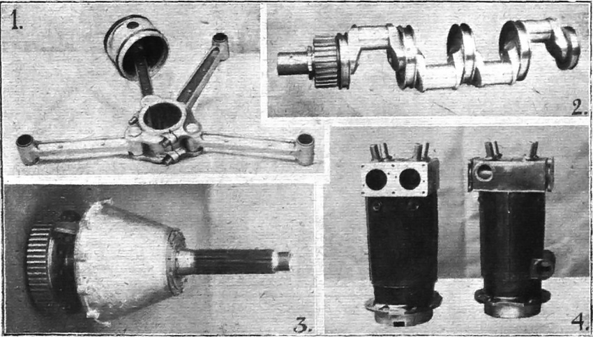 различные детали двигателя Napier Cub: 1) шатун в сборе с одной шарнирной тягой, прикрепленной к крышке корпуса подшипника; 2) четырехколенный коленчатый вал с роликовыми подшипниками и цилиндрической зубчатой передачей; 3) вал воздушного винта с крупной цилиндрической зубчатой передачей; 4) два цилиндра; отверстия для клапанов видны на левом цилиндре, а отверстие для водяного охлаждения – на правом цилиндре