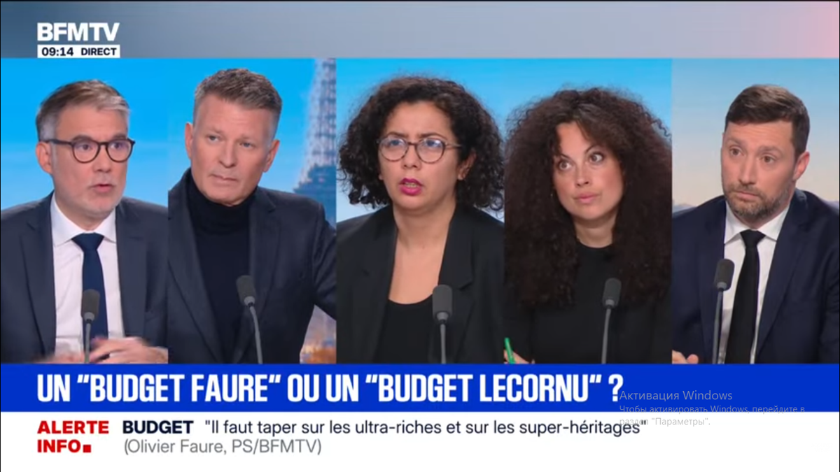 Оливье Фор (крайний слева) объявляет в студии BFM TV очередной ультиматум правительству. Взгляды журналистов - без комментариев.