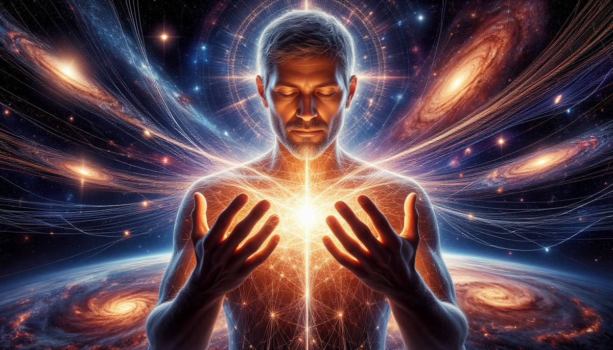 Масштабный образ творца: человек, из чьих рук исходят сияющие нити, плетущие звёздные системы и судьбы, где каждое движение сознания создает новые реальности в бесконечном полотне бытия.