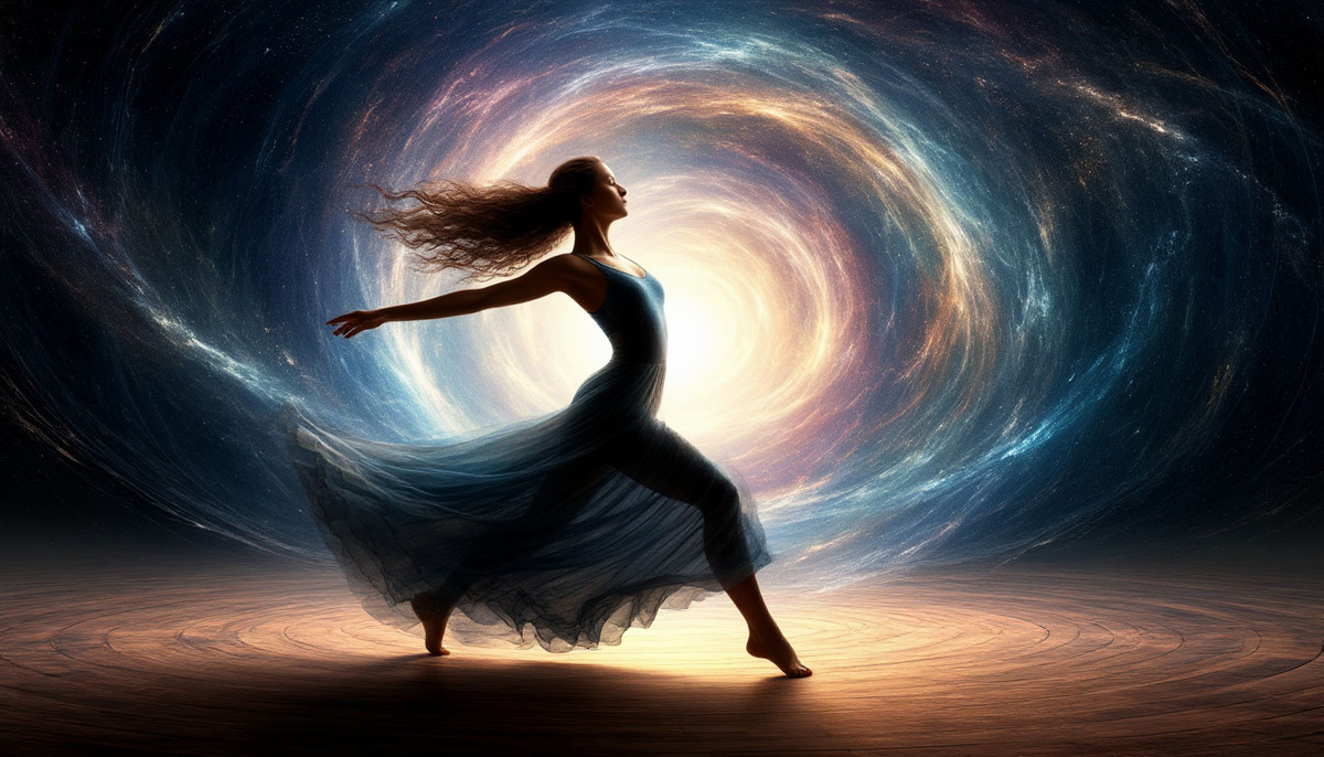 Танец с вечностью: движение человека разрывает ткань иллюзий, открывая за ней сияющую пустоту, где рождаются новые миры и исчезают границы.