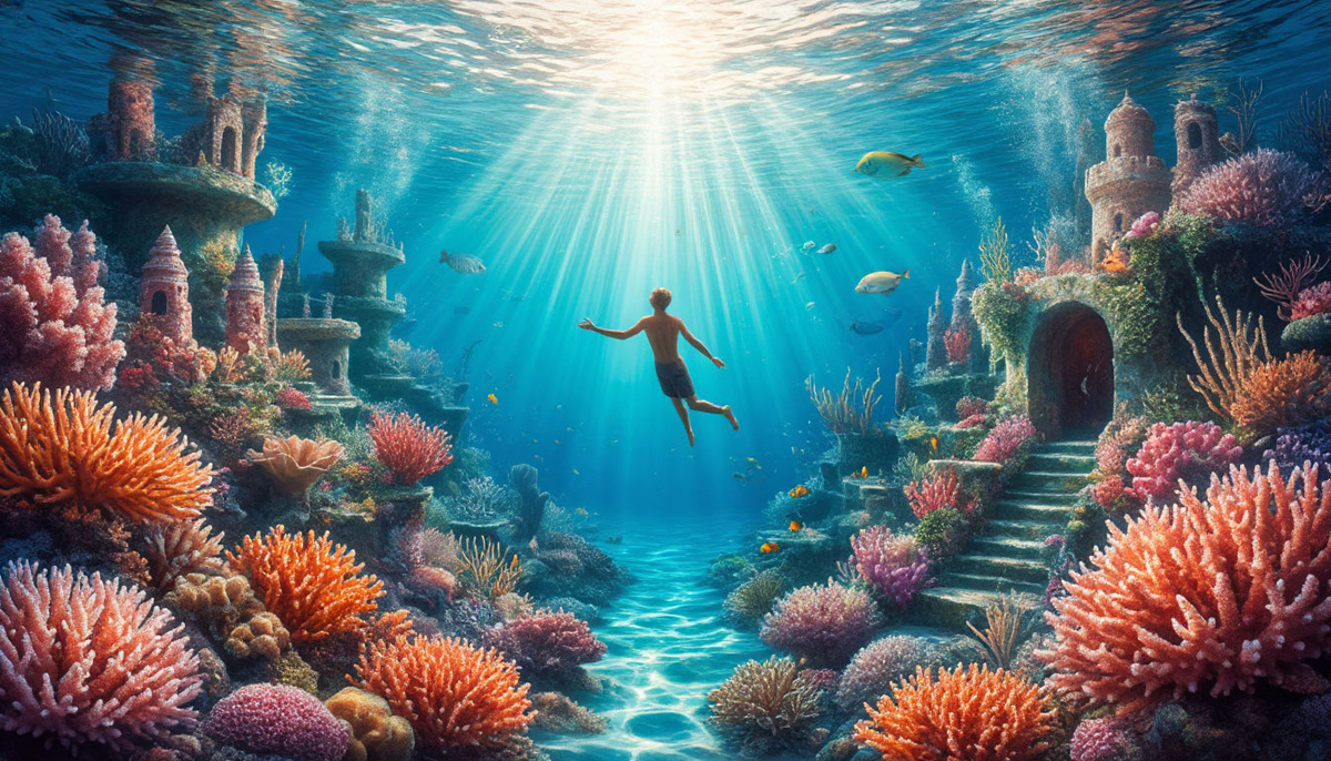 Лёгкость бытия: человек парит в сияющем океане, где течение само несёт его к коралловым замкам и садам изобилия, созданным из энергии потока.