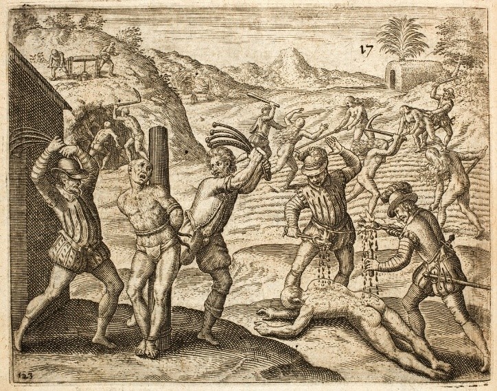 Конкистадоры. Гравюра из «Кратчайшего сообщения о разрушении Индий» Бартоломе де Лас Касаса. 1552 год