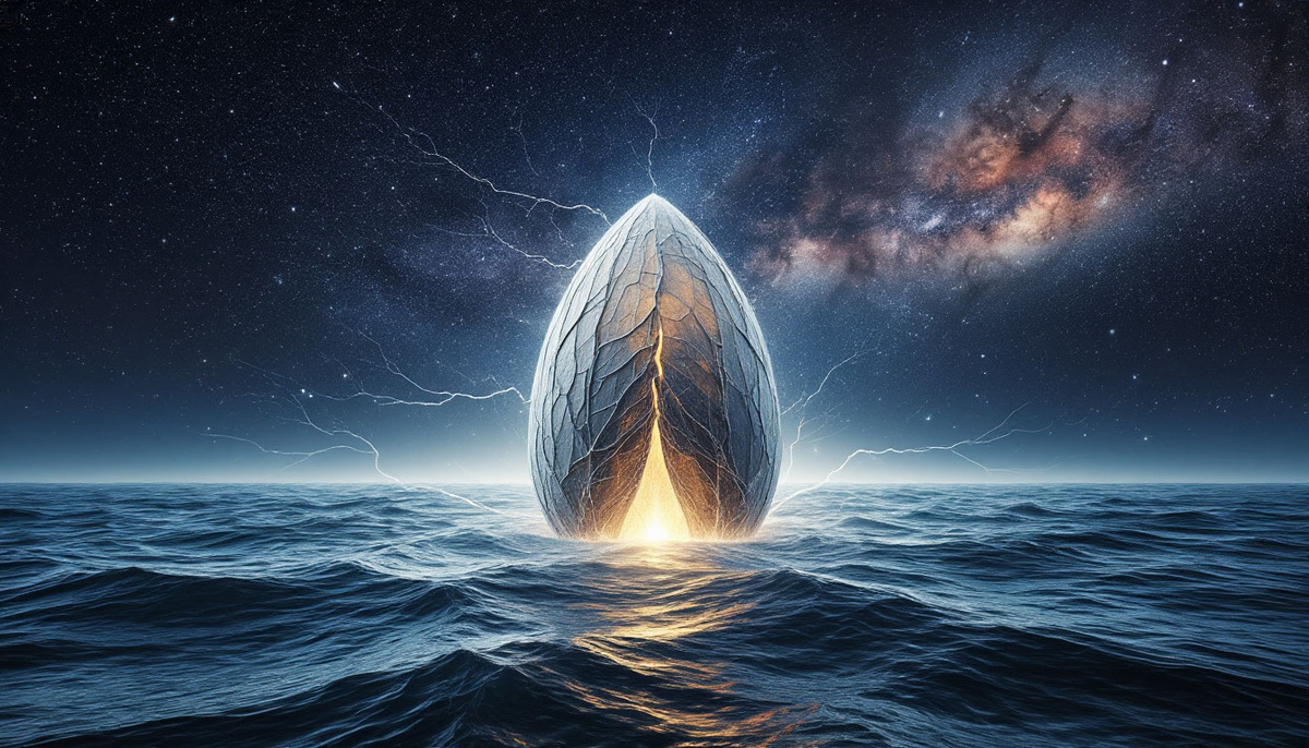 Метафизическое преображение: кокон из прошлых идентичностей трескается, раскрывая световую сущность, чье молчание создает ритм волн в океане возможностей, а взгляд зажигает звезды в ранее пустом небе.