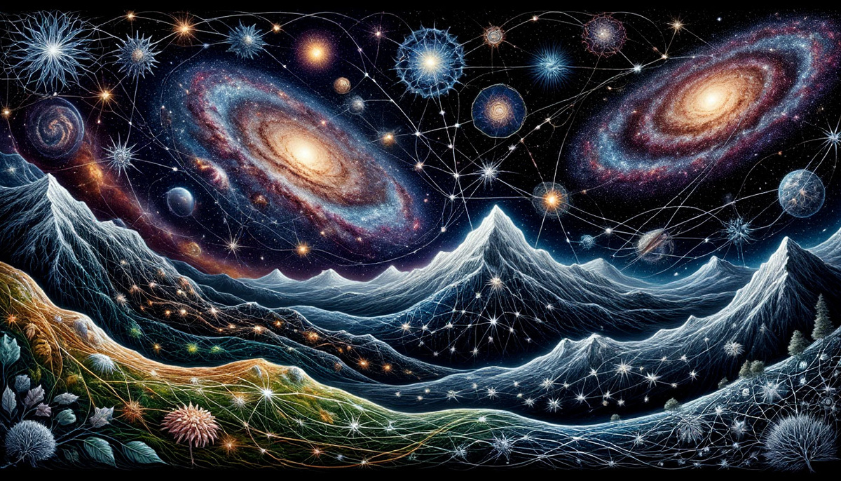 Вселенная как бесконечный организм, где галактики сплетаются с нейронными сетями, горные цепи переходят в прожилки листьев, а человеческие судьбы вписаны в танцующие звёздные узоры. Каждая точка бытия соединена серебряными нитями с целым, создавая живой пульсирующий космос.