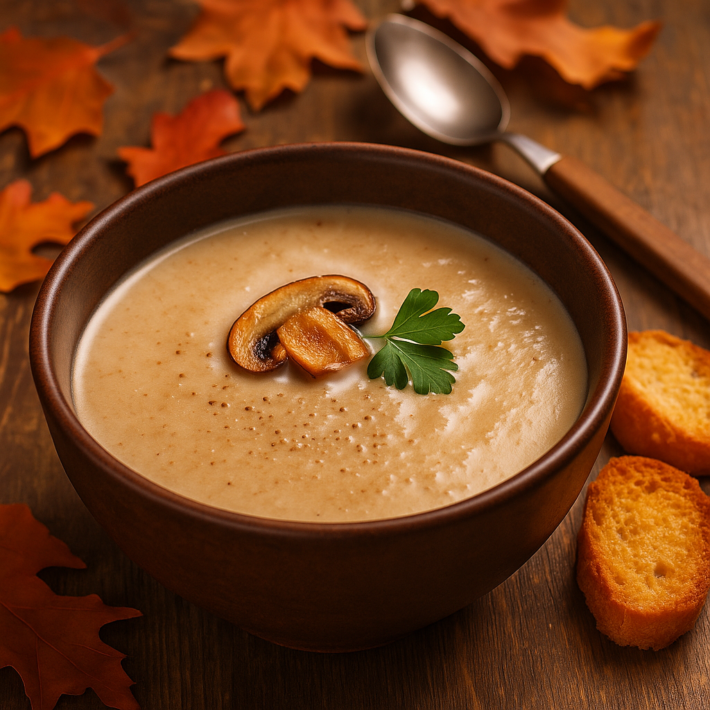 «Осень в тарелке: ароматный грибной крем-суп, который готовится за 20 минут и пахнет лесом. Лёгкий рецепт, который согревает даже в самый дождливый день.»